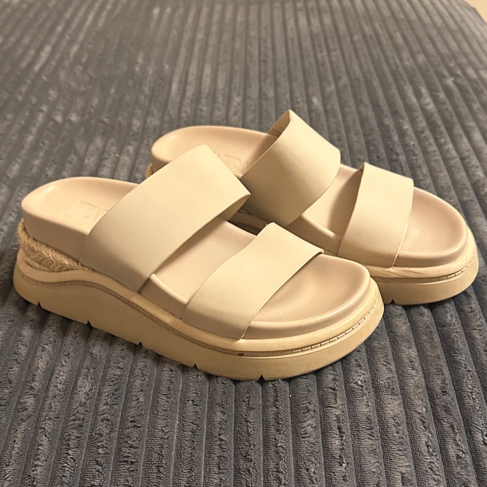 Zara Cream Double-Strap Platform Slide Sandals